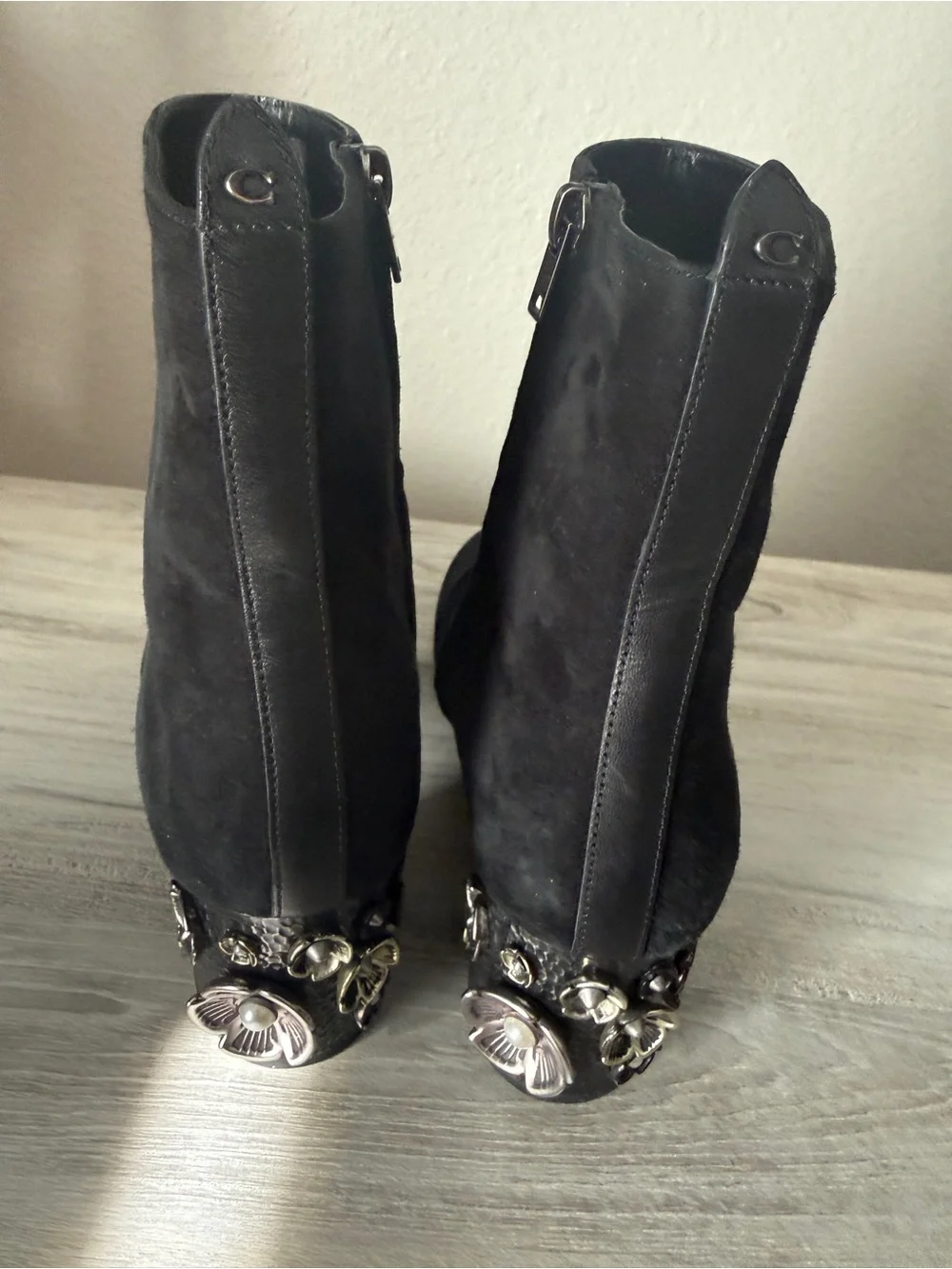 Coach Black Suede Juliet Ankle Booties with Decorative Metal Heel